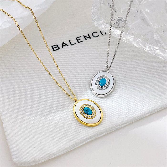 Retro Oval Stainless Steel  Plating Inlay Turquoise Diamond White Gold Plated Gold Plated Pendant Necklace