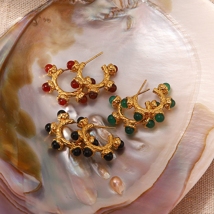 Modische geometrische Ohrringe aus Edelstahl mit eingelegtem Edelstein und Naturstein, 1 Paar