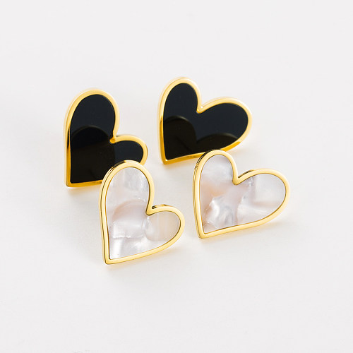 1 Pair Retro Heart Shape Stainless Steel  Inlay Shell Ear Studs