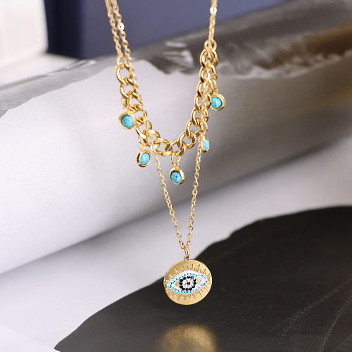 Casual Simple Style Round Devil'S Eye Stainless Steel Plating Inlay Turquoise Rhinestones Layered Necklaces