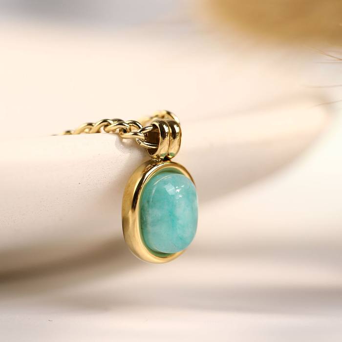 Fashion Mint Green Roman Natural Stone Oval Clavicle Chain Stainless Steel Necklace