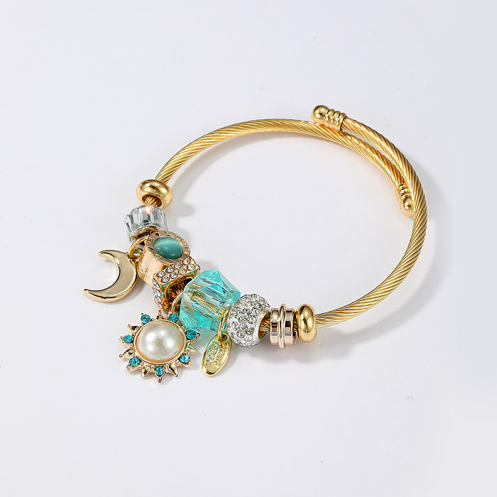 Bracelet bohème en acier inoxydable, 1 pièce, soleil et lune, plaqué or 18 carats, perles artificielles, diamant artificiel, vente en gros