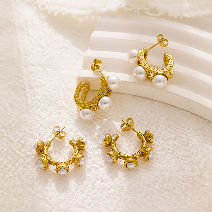 1 Stück C-förmige Perlenplattierung im Vintage-Stil aus Edelstahl mit künstlichen Perlen und vergoldeten Ohrsteckern