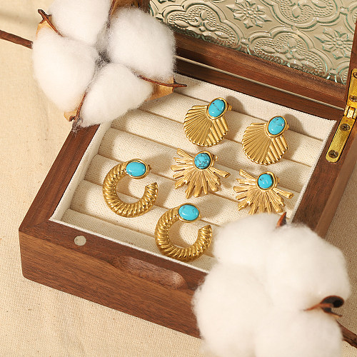 1 Paar Retro-Ohrringe mit runder Polierbeschichtung und Inlay aus Edelstahl, türkis, 18 Karat vergoldet
