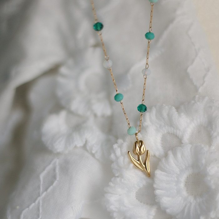 Gemischte Stein-Retro-Halskette mit grüner Tulpe und Blumen-Ölgemälde, Edelstahl, 18 Karat vergoldet