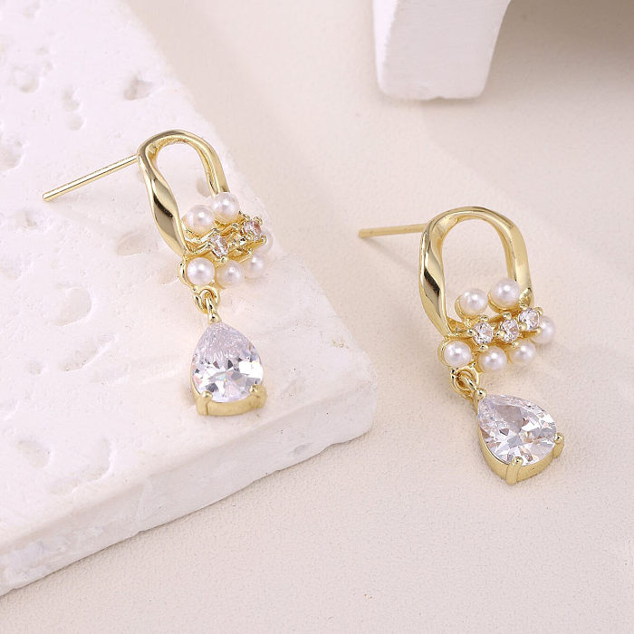 1 Pair Simple Style Commute Korean Style Geometric Inlay Stainless Steel  Artificial Pearls Zircon Drop Earrings