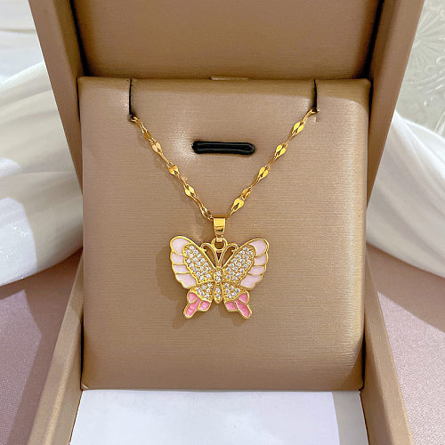 Modische Schmetterlings-Halskette mit Anhänger aus Edelstahl und Kupfer-Inlay mit künstlichem Diamant