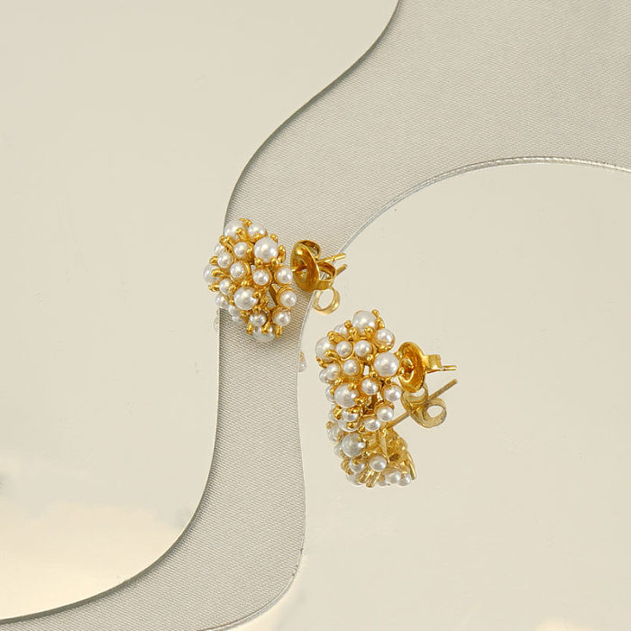 1 Pair Elegant Geometric Polishing Plating Inlay Stainless Steel  Freshwater Pearl 18K Gold Plated Ear Studs