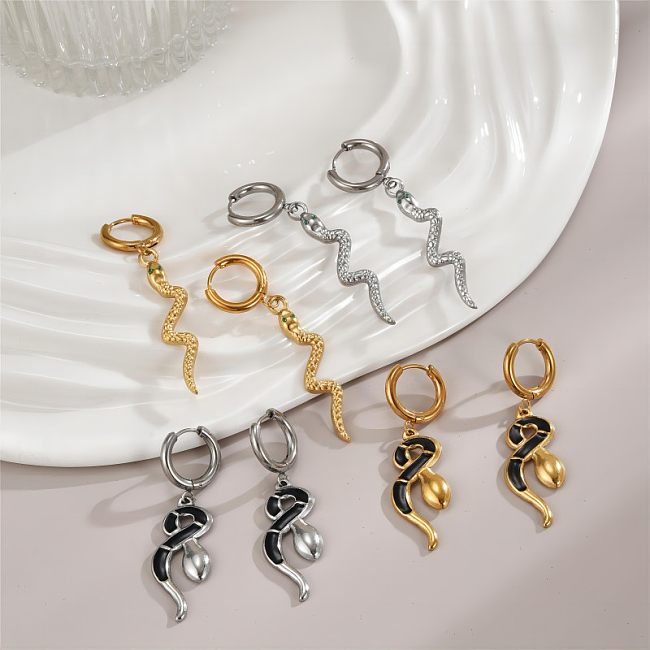 1 Pair Queen Snake Enamel Plating Inlay Stainless Steel  Zircon 18K Gold Plated Drop Earrings