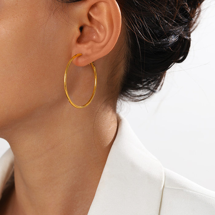 Boucles d'oreilles créoles plaquées en acier inoxydable, couleur unie, Style Simple, 1 paire