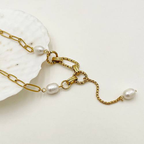 Collier Pendentif Élégant Géométrique en Acier Inoxydable Placage de Perles 1 Pièce