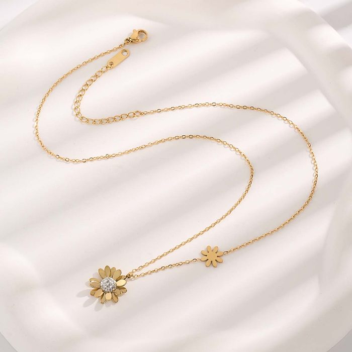 Elegant Glam Flower Petal Resin Stainless Steel Plating Inlay Zircon Gold Plated Pendant Necklace