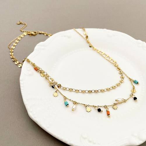 Böhmische geometrische Stern-Halskette aus Edelstahl mit künstlichen Edelsteinen und künstlichen Perlen