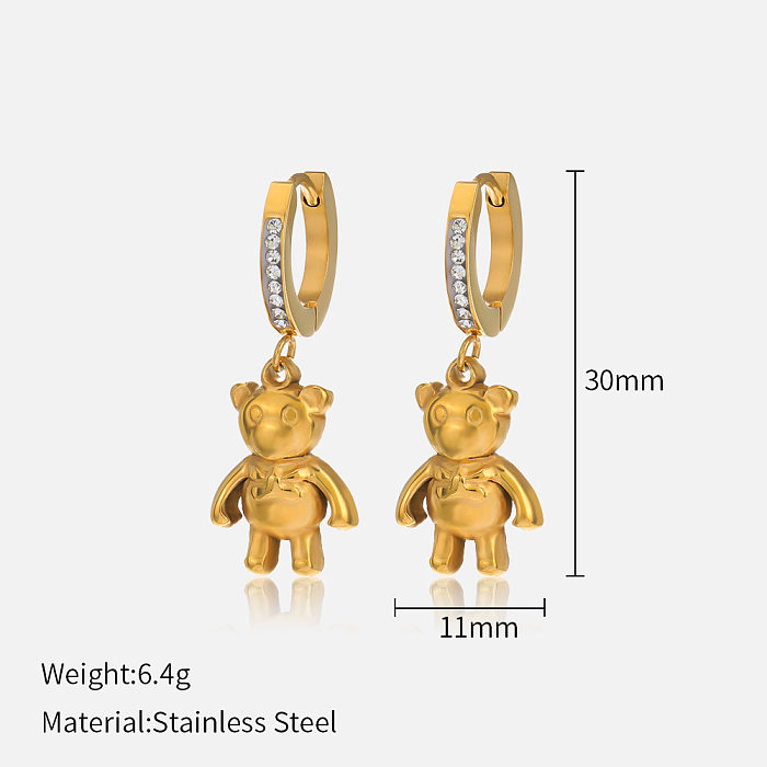 Cute Bear Stainless Steel  Gold Plated Rhinestones Drop Earrings 1 Pair