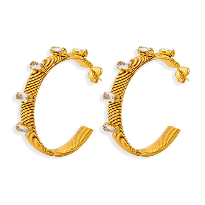 1 paire de boucles d'oreilles en acier inoxydable et Zircon, Style moderne, en forme de C, incrustation de placage