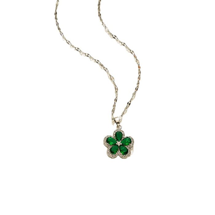 Elegant Flower Stainless Steel Inlay Zircon Pendant Necklace