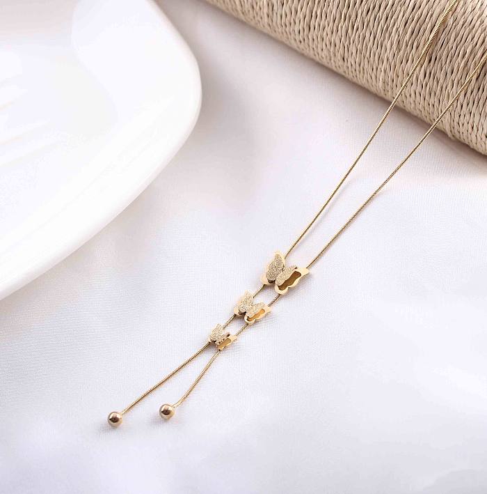 Elegant Romantic Classic Style Geometric Round Butterfly Stainless Steel  Plating Inlay Rhinestones Gold Plated Pendant Necklace