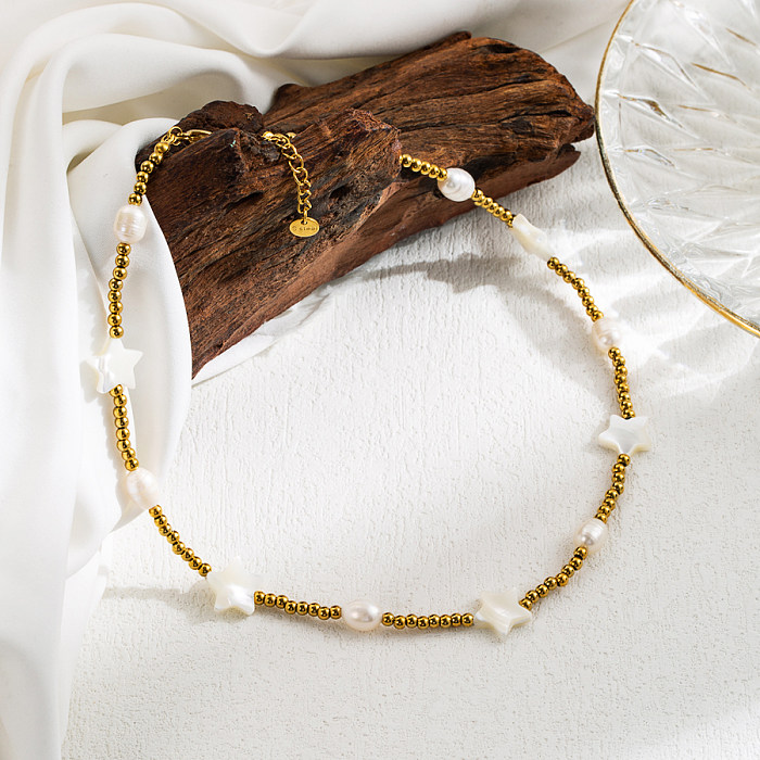 Style moderne artistique étoile lune ovale en acier inoxydable coquille perlée collier plaqué or 18 carats
