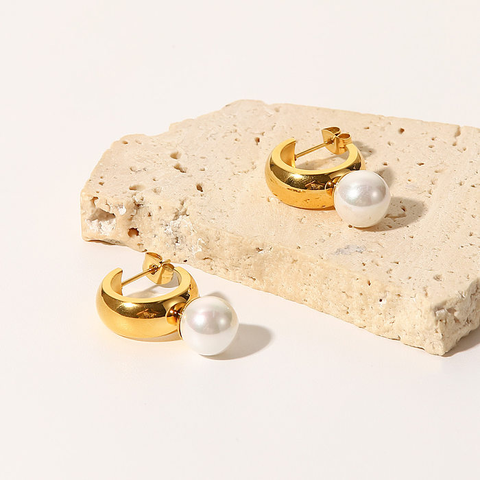 Pendientes de acero inoxidable con forma de C de moda Pendientes de acero inoxidable con perlas chapadas en oro