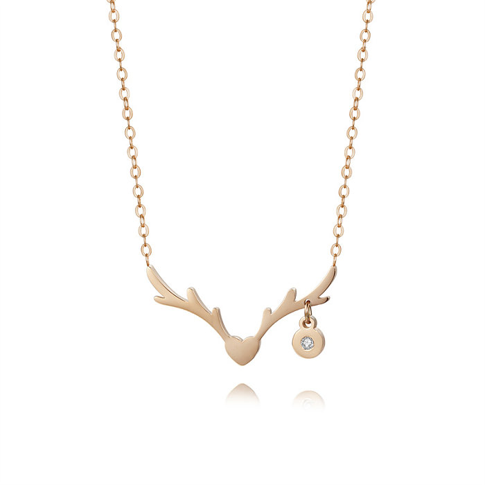 Simple Style Antlers Stainless Steel  Stainless Steel Plating Hollow Out Inlay Diamond Rose Gold Plated Necklace