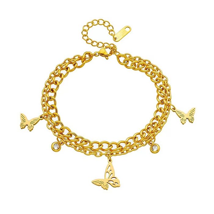 Commute Butterfly Titanium Steel Hollow Out Inlay Artificial Rhinestones 18K Gold Plated Bracelets