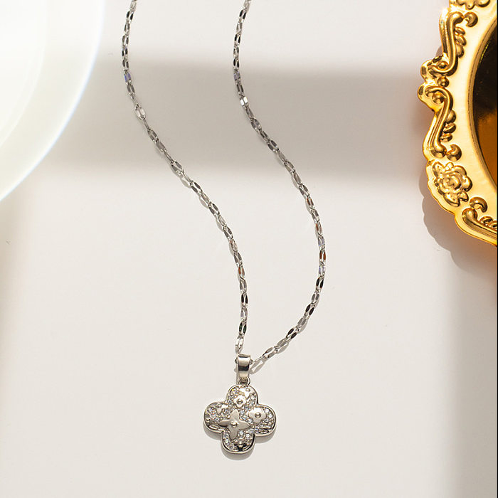 Simple Style Flower Stainless Steel Plating Inlay Zircon Pendant Necklace