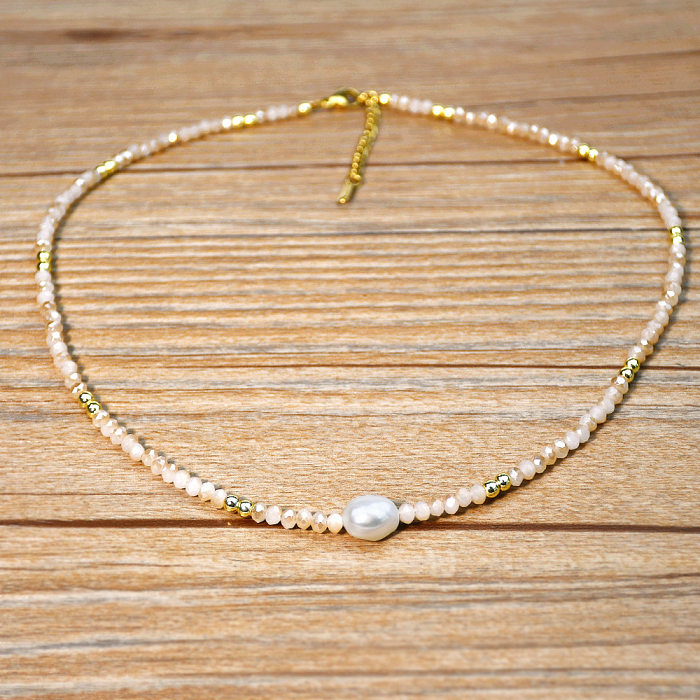 Collier de perles de cristal artificiel en acier inoxydable géométrique à la mode