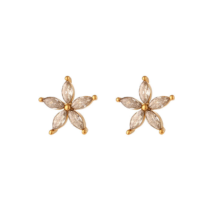 Simple Style Leaf Flower Stainless Steel  Ear Studs Inlay Zircon Stainless Steel  Earrings