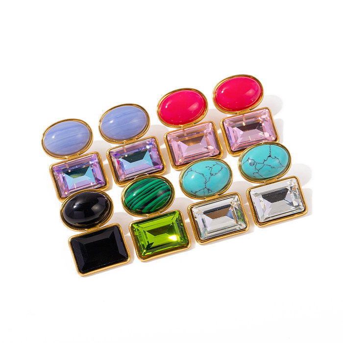 1 Pair IG Style Square Oval Plating Inlay Stainless Steel  Natural Stone 18K Gold Plated Ear Studs