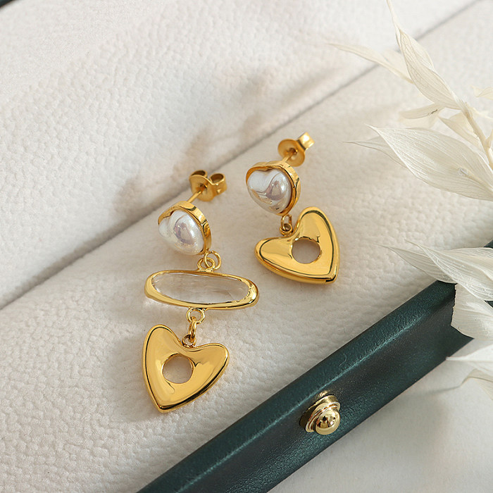 Classic Style Heart Shape Stainless Steel Asymmetrical Gold Plated Artificial Pearls Glass Stone Drop Earrings 1 Pair