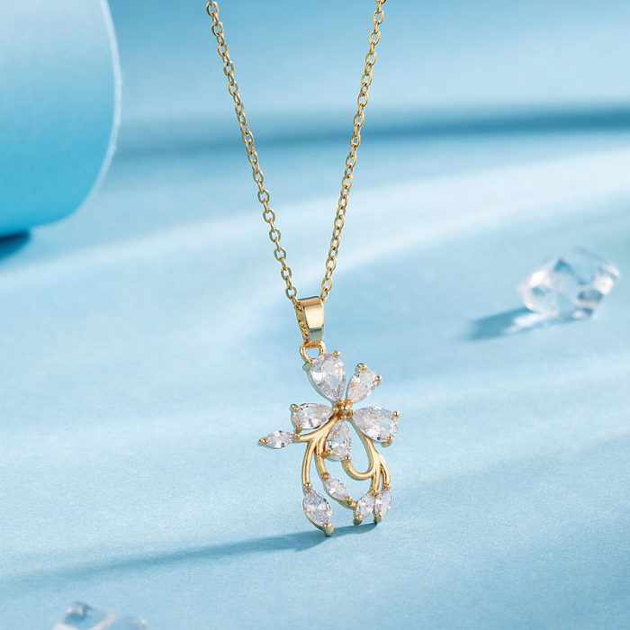 Modern Style Animal Water Droplets Flower Stainless Steel  Inlay Zircon Gold Plated Pendant Necklace