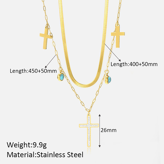 Collares de doble capa chapados en oro de 18 quilates con turquesa con incrustaciones de acero inoxidable con cruz brillante de estilo simple