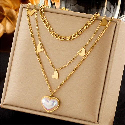 Simple Style Heart Shape Stainless Steel Plating Inlay Pearl 18K Gold Plated Layered Necklaces