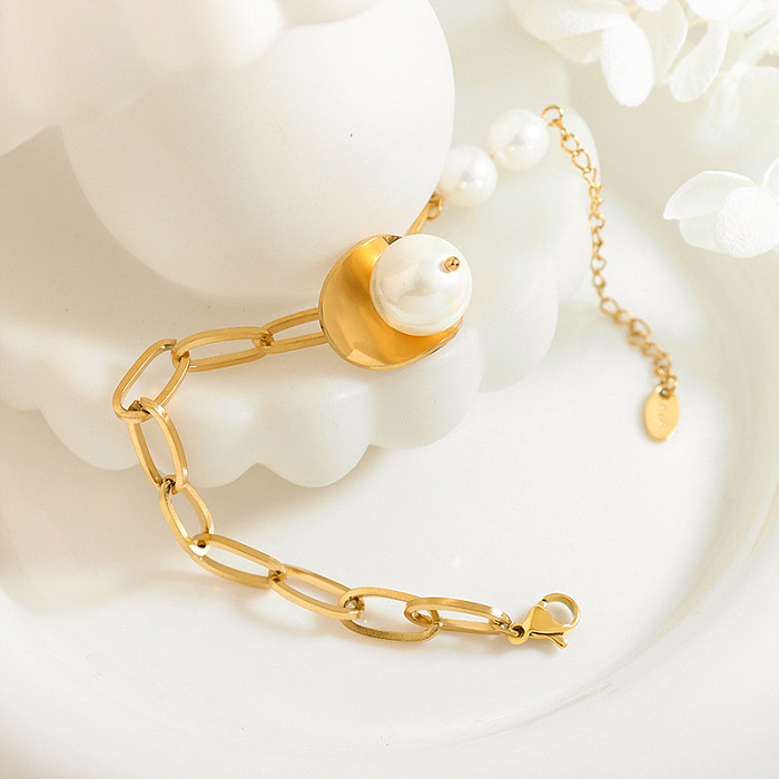 Schlichter Stil, geometrische Armbänder mit künstlichen Perlen, Edelstahlbeschichtung, 1 Stück
