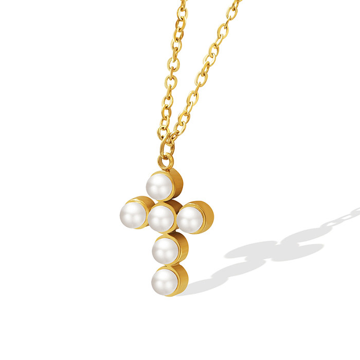 Stainless Steel Round Cross Imitation Pearl Women's Retro Sweet Necklace