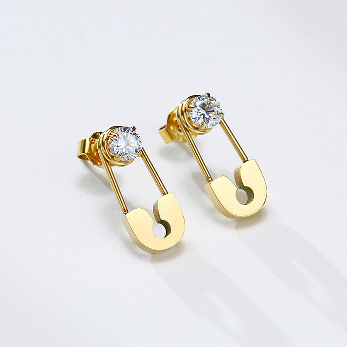 1 Pair Simple Style Solid Color Plating Inlay Stainless Steel  Zircon Gold Plated Earrings