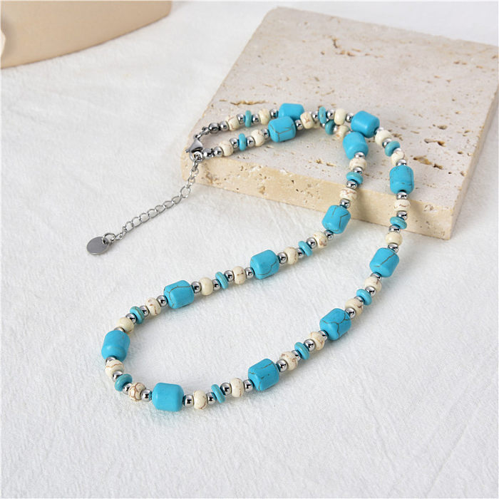 Retro Round Agate Stainless Steel Beaded Necklace