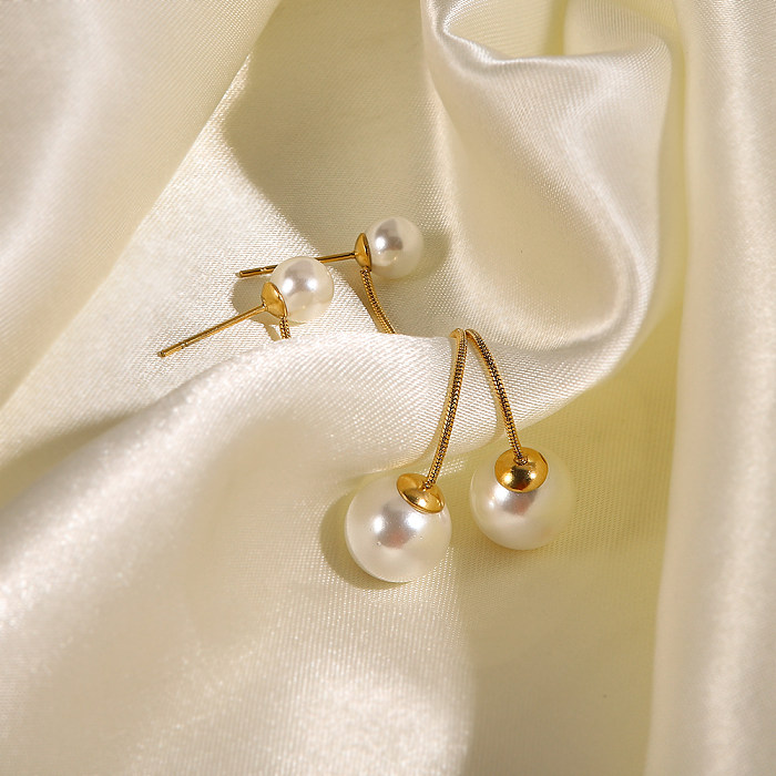 Elegant Round Stainless Steel  Inlay Pearl Drop Earrings 1 Pair