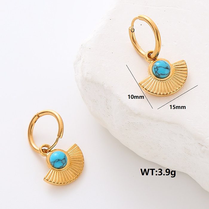1 Pair Elegant Retro Sector Heart Shape Inlay Stainless Steel  Turquoise Drop Earrings