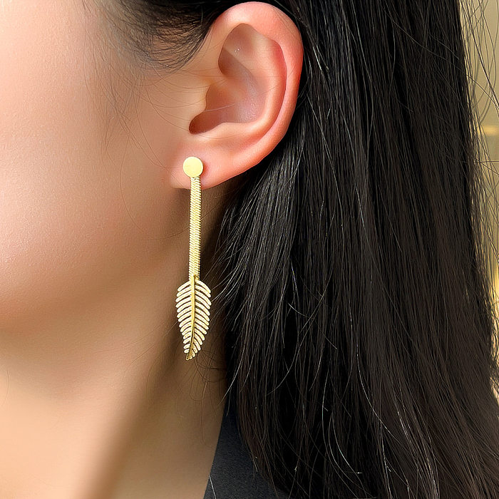 Boucles d'oreilles pendantes plaquées en acier inoxydable, feuille à la mode, 1 paire