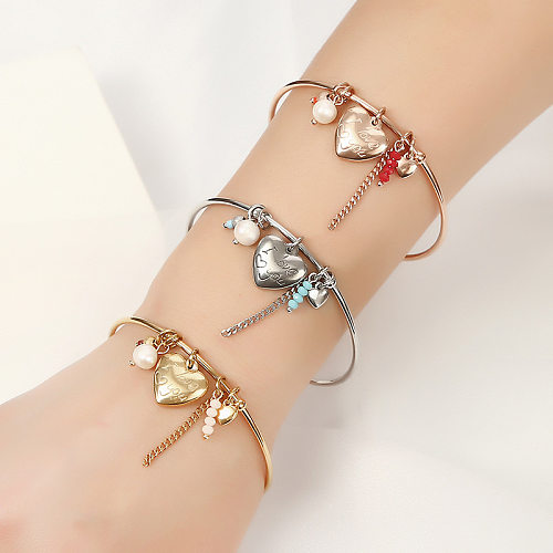 Sweet Letter Tassel Heart Shape Stainless Steel Beaded Imitation Pearl Charm Plating Rose Gold Plated Gold Plated Bangle