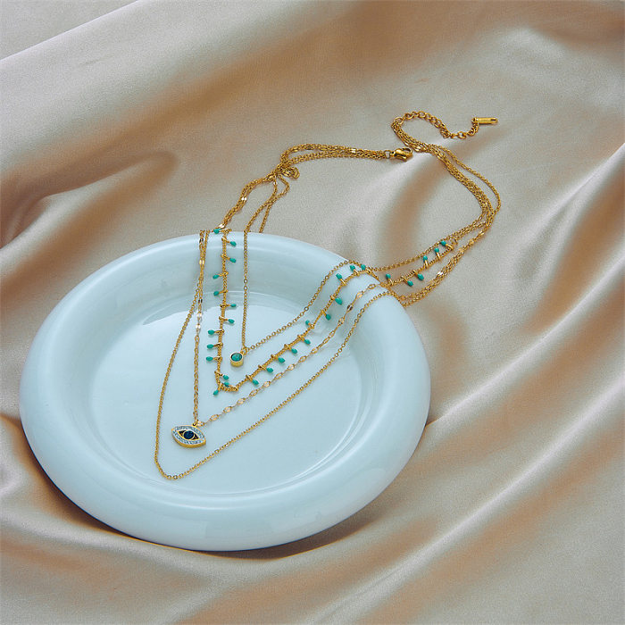 Modische Halskette mit runder Öse, Edelstahl-Beschichtung, Inlay, türkisfarben, mehrlagig, 1 Stück