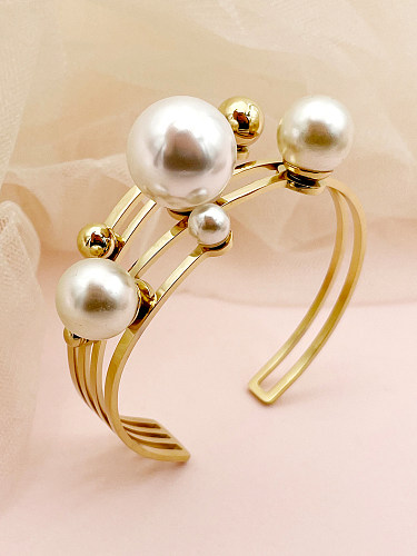Glam Lady - Bracelet irrégulier plaqué or 14 carats avec imitation de perles en acier inoxydable