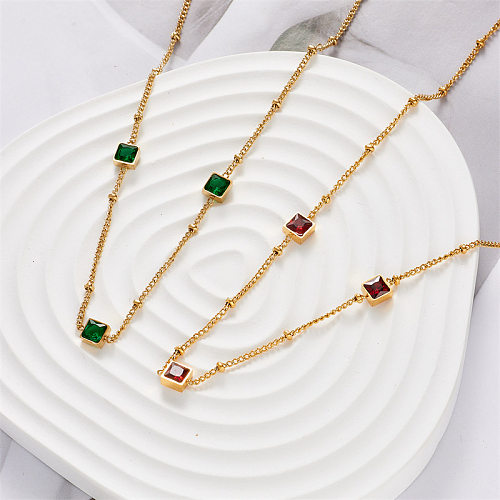 New Style Square Green Zirconium Stainless Steel  14K Gold Plated Geometric Clavicle Chain Necklace