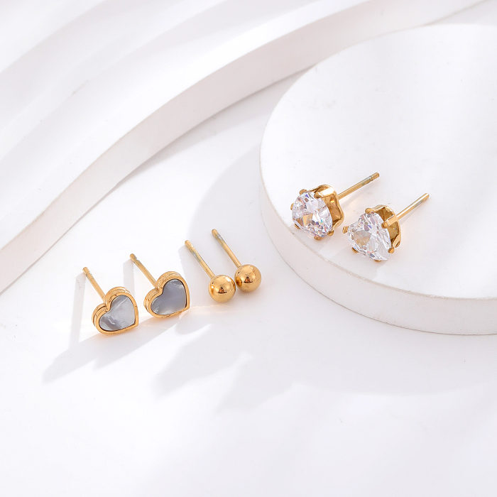 3 Pairs Simple Style Round Heart Shape Stainless Steel Inlay Shell Zircon 24K Gold Plated Ear Studs