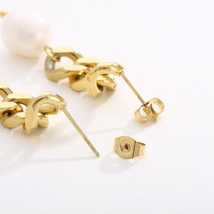 1 par de pendientes colgantes chapados en oro de 18 quilates de acero inoxidable chapado en perlas con cadena de estilo moderno y sencillo