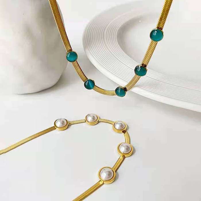 Modische runde Halskette mit Opal-Perlen und Intarsien aus Edelstahl, 1 Stück