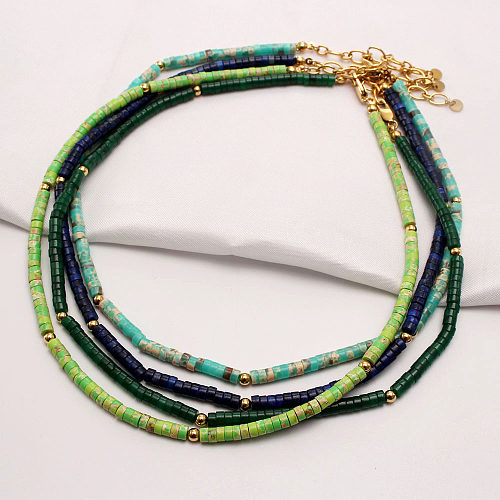 Vintage Style Color Block Natural Stone Stainless Steel Plating 18K Gold Plated Necklace