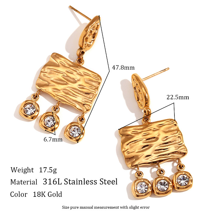 1 Pair Vintage Style Classic Style Round Square Plating Pleated Inlay Stainless Steel  Zircon 18K Gold Plated Drop Earrings
