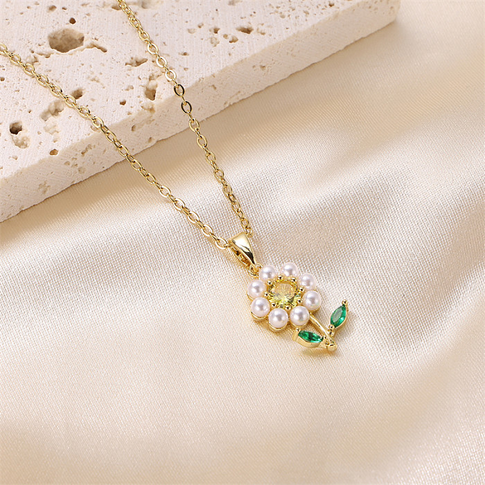 Elegant Cute Commute Flower Stainless Steel  Brass 18K Gold Plated Artificial Pearls Pendant Necklace In Bulk